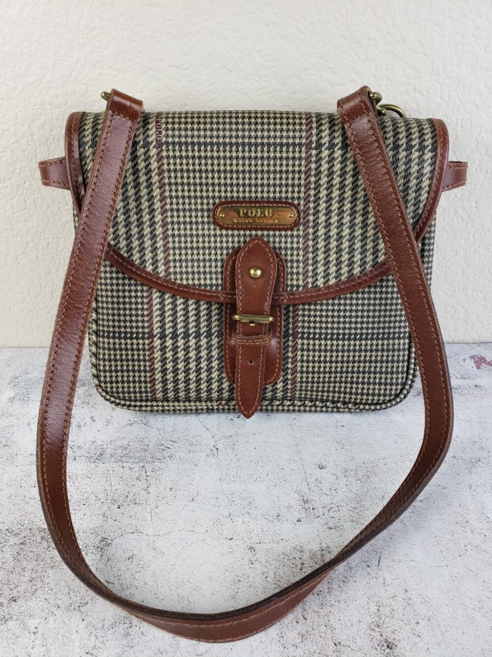 Vintage POLO Ralph Lauren Shoulder Bag Houndstooth Plaid Coated Canvas Leather - Picture 3 of 15